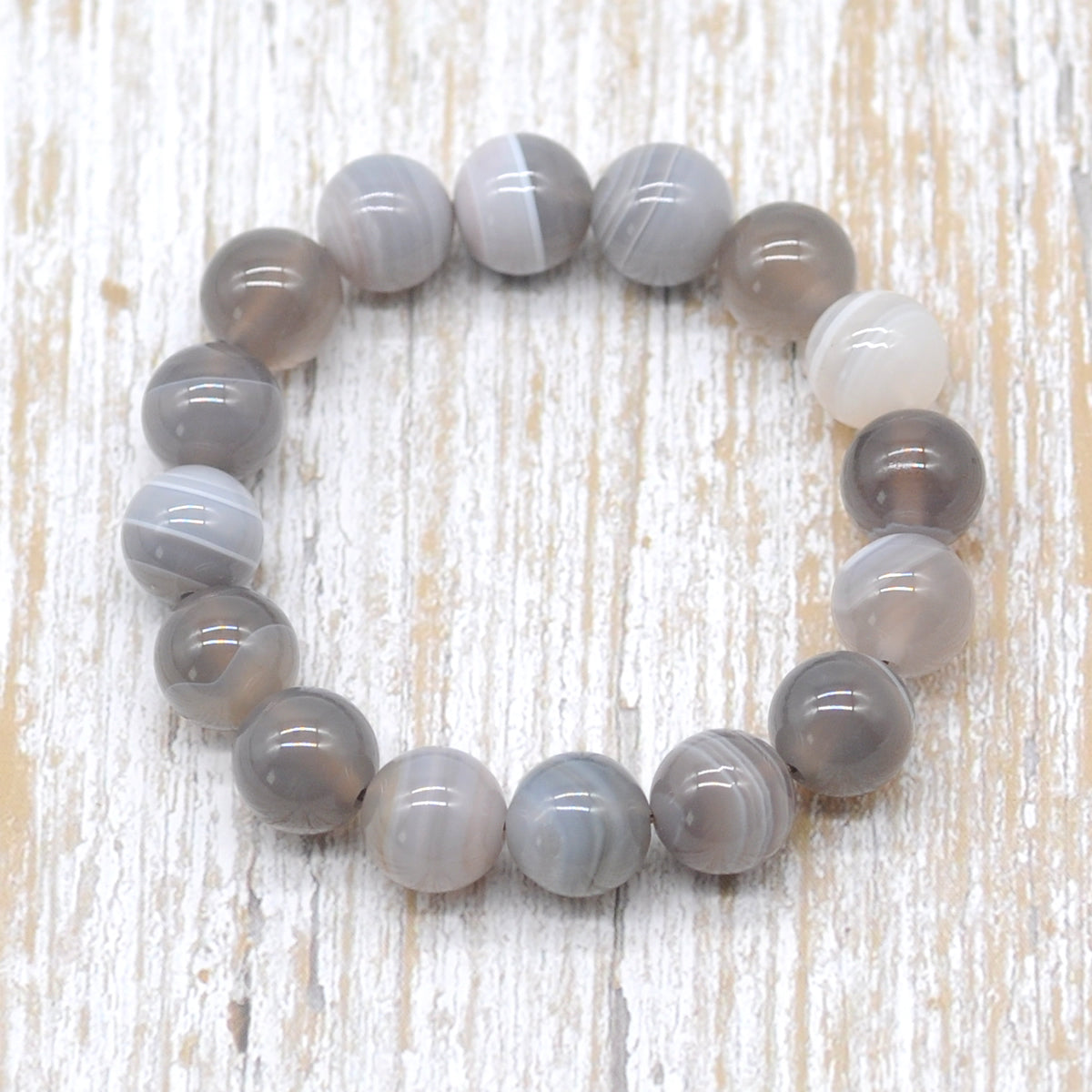 CGB55 Grey Banded Agate Beads Stretch Bracelet Smooth Round 10mm 12mm