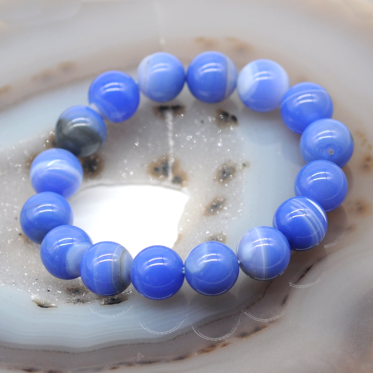 CGB57 Blue Banded Agate Beads Stretch Bracelet Smooth Round 10mm 12mm