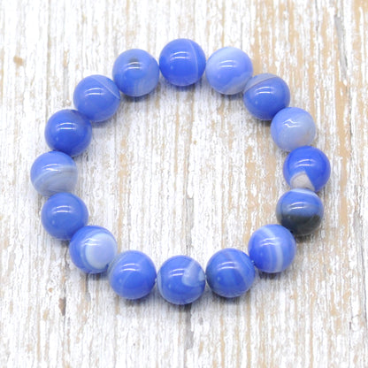 CGB57 Blue Banded Agate Beads Stretch Bracelet Smooth Round 10mm 12mm