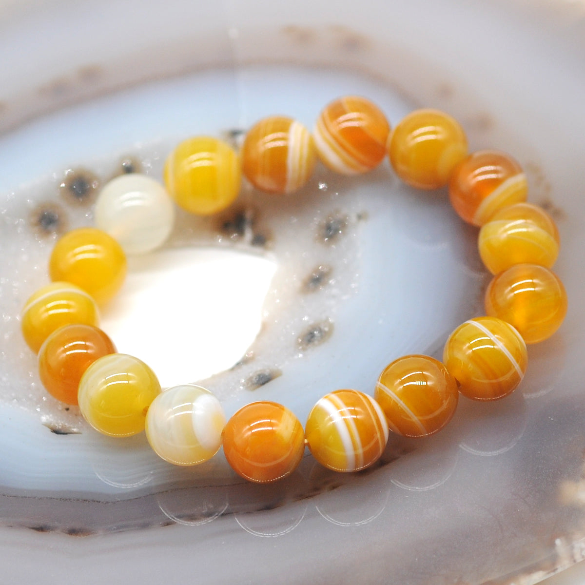 CGB58 Yellow Banded Agate Beads Stretch Bracelet Smooth Round 10mm 12mm