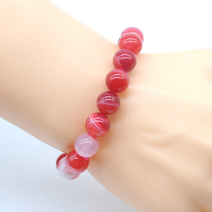 CGB59 Red Banded Agate Beads Stretch Bracelet Smooth Round 10mm 12mm