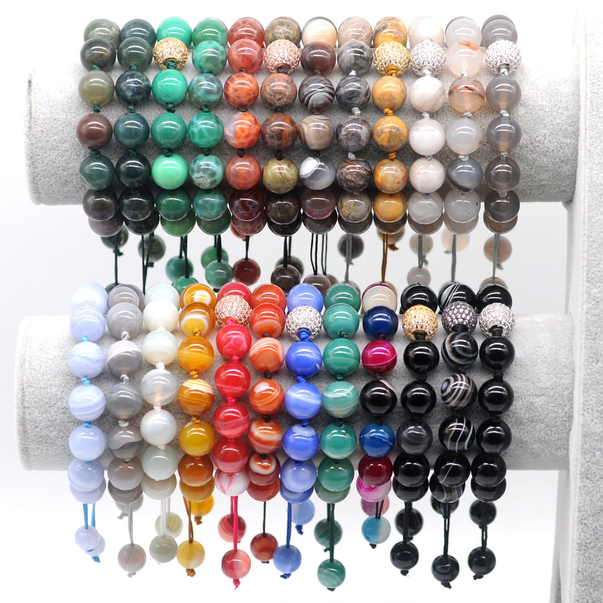 CGB647 Colorful Banded Agate Adjustable Macrame Bracelet Round 12mm