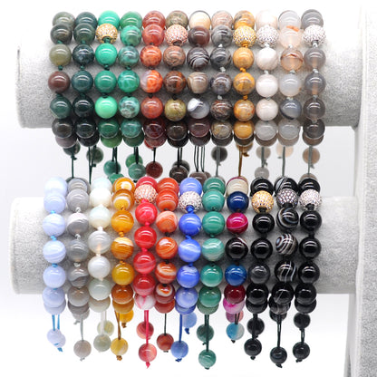 CGB647 Colorful Banded Agate Adjustable Macrame Bracelet Round 12mm