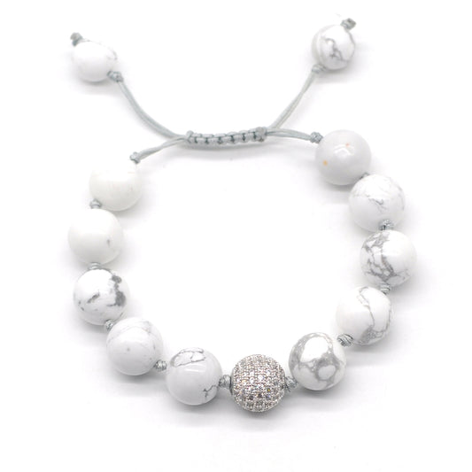 CGB600 White Howlite Adjustable Macrame Bracelet Round 12mm