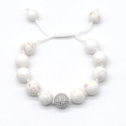 CGB601 White Howlite Adjustable Macrame Bracelet Round 12mm