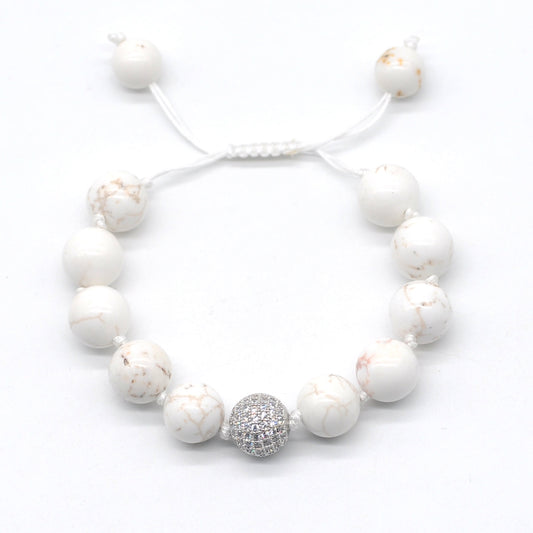 CGB601 White Howlite Adjustable Macrame Bracelet Round 12mm