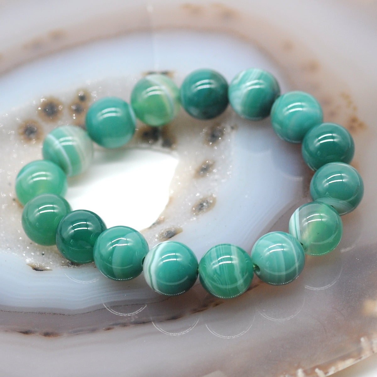 CGB61 Green Banded Agate Beads Stretch Bracelet Smooth Round 10mm 12mm