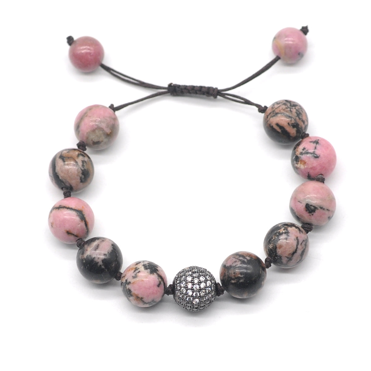 CGB611 Rhodonite Gemstone Adjustable Macrame Bracelet Round 12mm