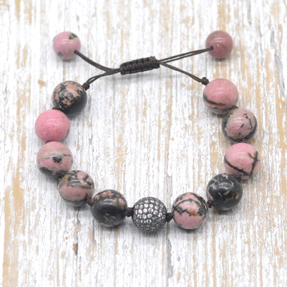 CGB611 Rhodonite Gemstone Adjustable Macrame Bracelet Round 12mm