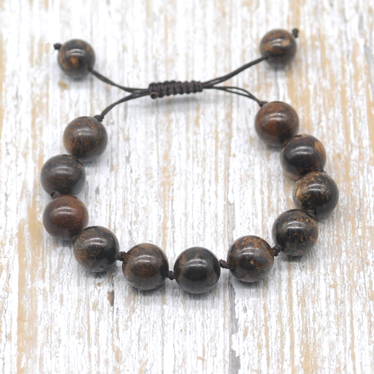 CGB612 Bronzite Gemstone Adjustable Macrame Bracelet Round 12mm