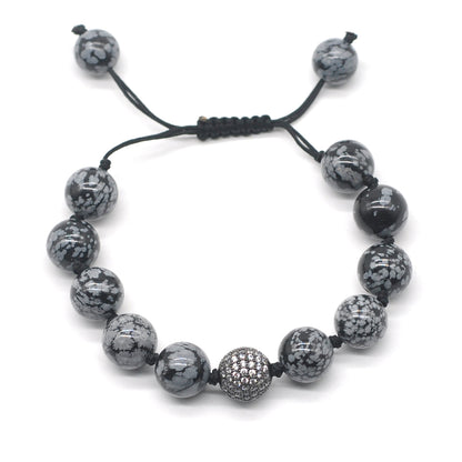 CGB614 Snowflake Obsidian Adjustable Macrame Bracelet Round 12mm