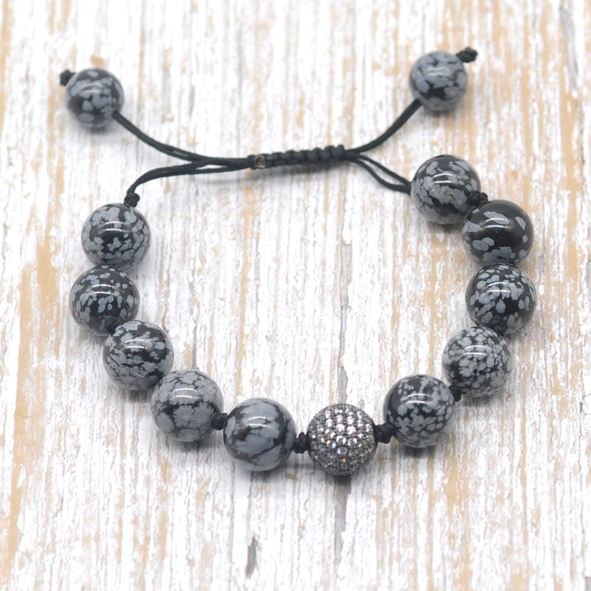 CGB614 Snowflake Obsidian Adjustable Macrame Bracelet Round 12mm