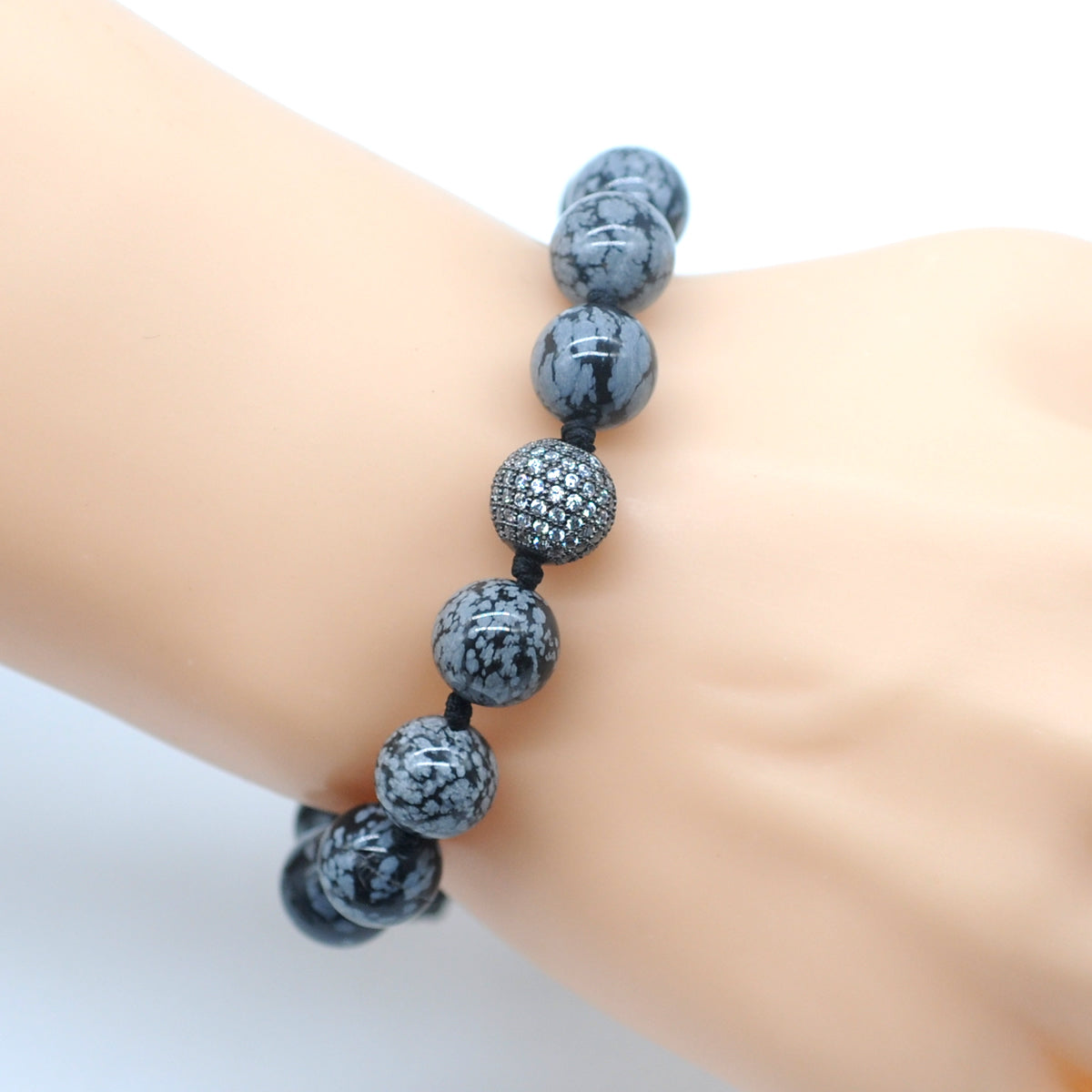 CGB614 Snowflake Obsidian Adjustable Macrame Bracelet Round 12mm