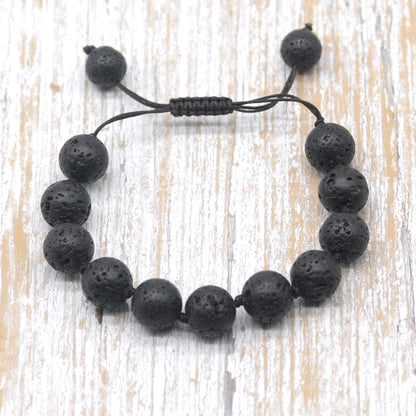 CGB615 Black Lava Adjustable Macrame Bracelet Round 12mm