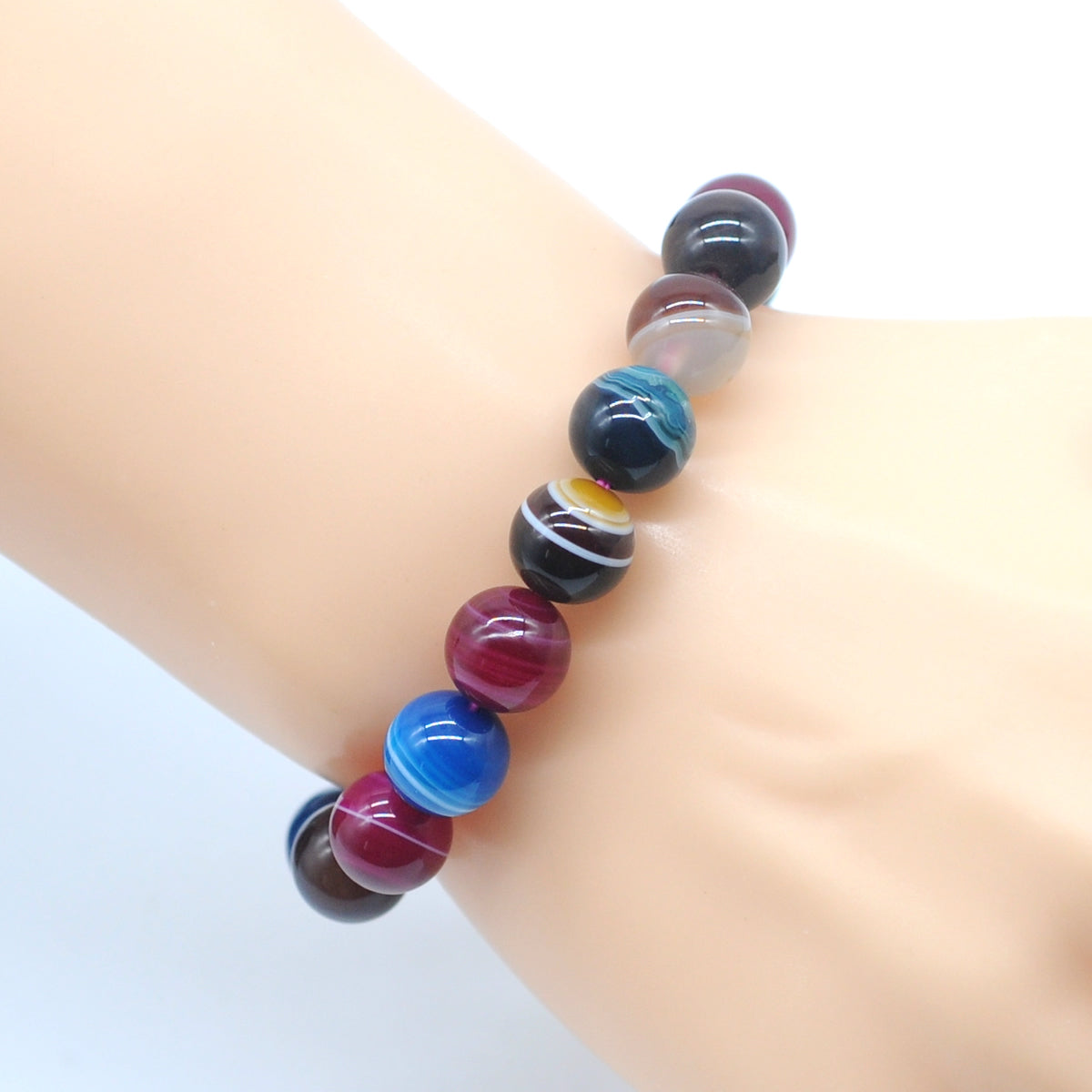 CGB62 Colorful Banded Agate Beads Stretch Bracelet Smooth Round 10mm 12mm