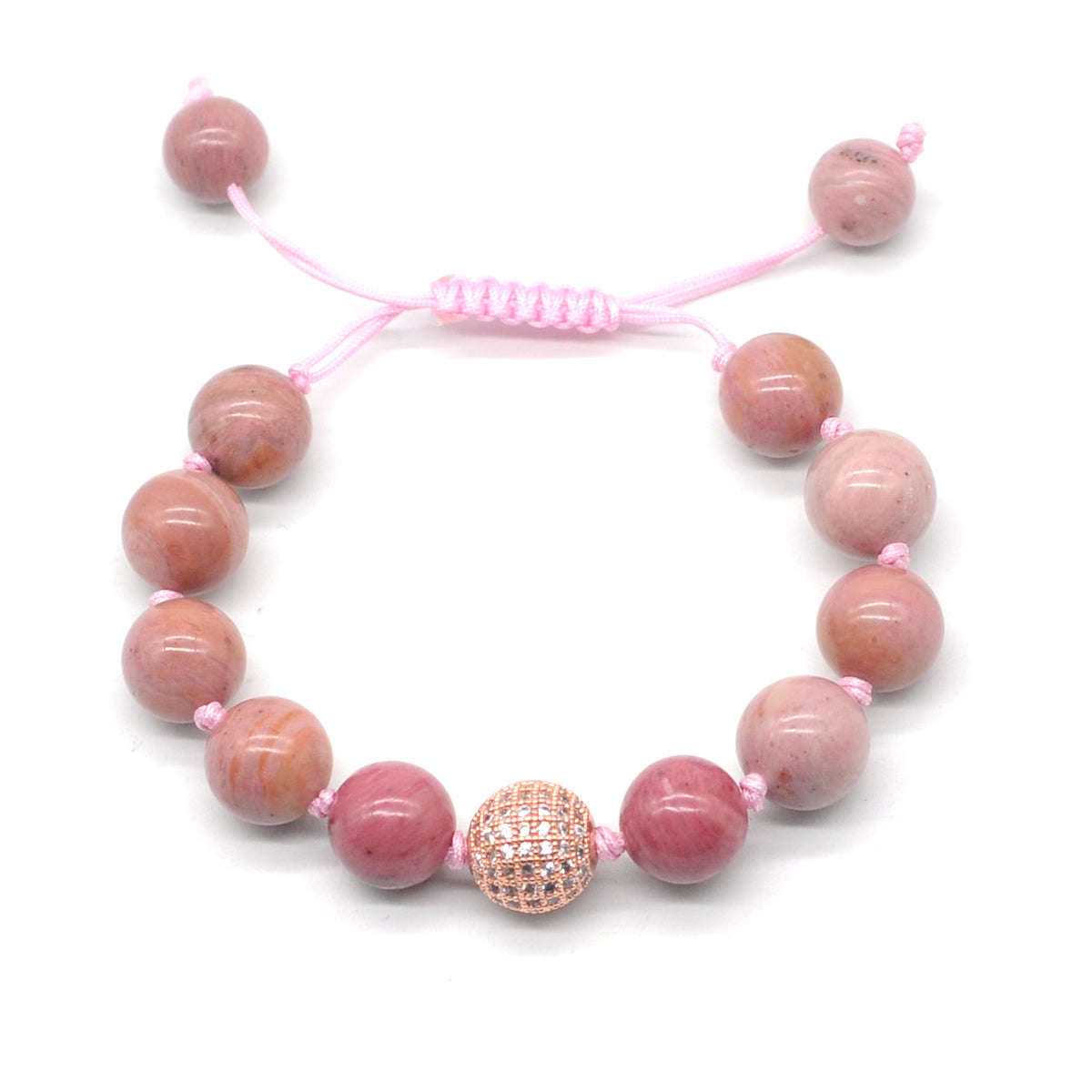 CGB621 Pink Wood Jasper Adjustable Macrame Bracelet Round 12mm