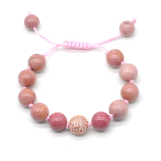 CGB621 Pink Wood Jasper Adjustable Macrame Bracelet Round 12mm