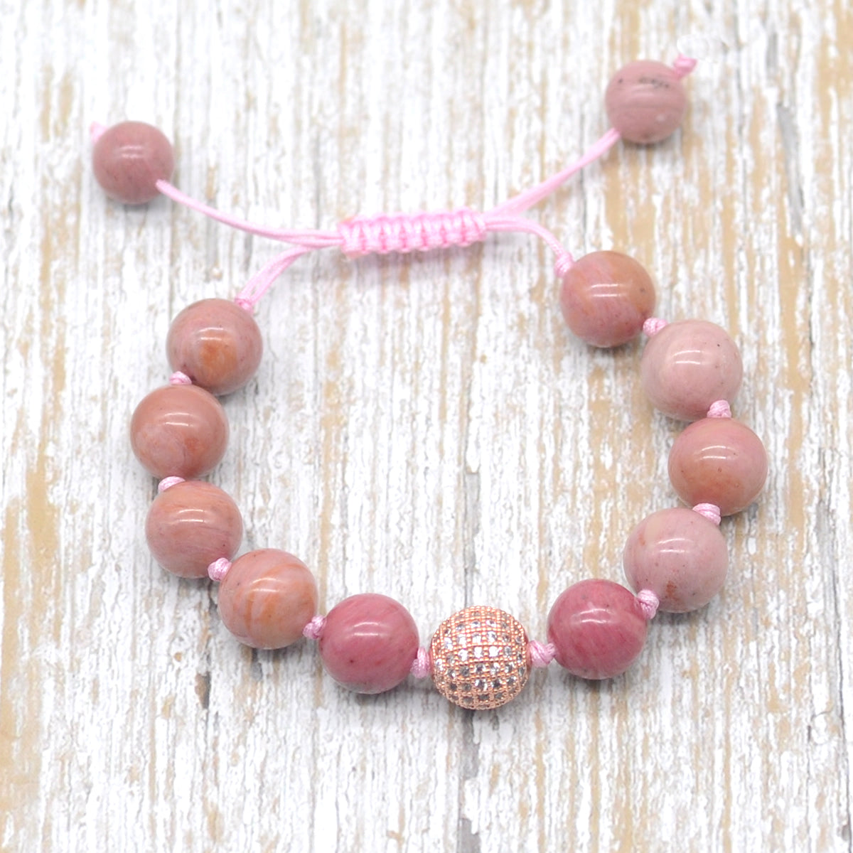 CGB621 Pink Wood Jasper Adjustable Macrame Bracelet Round 12mm