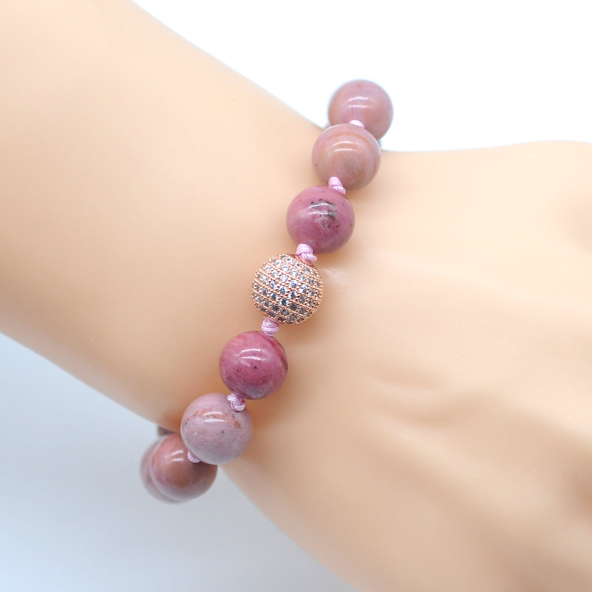 CGB621 Pink Wood Jasper Adjustable Macrame Bracelet Round 12mm