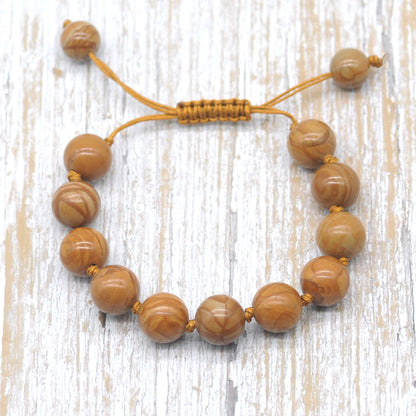 CGB625 Yellow Wood Grain Jasper Adjustable Macrame Bracelet Round 12mm