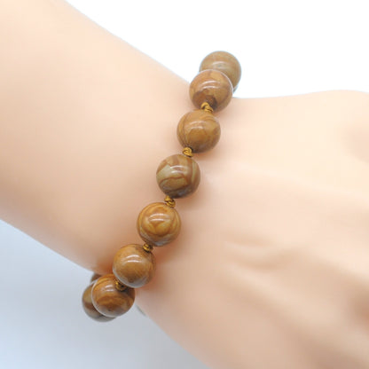 CGB625 Yellow Wood Grain Jasper Adjustable Macrame Bracelet Round 12mm