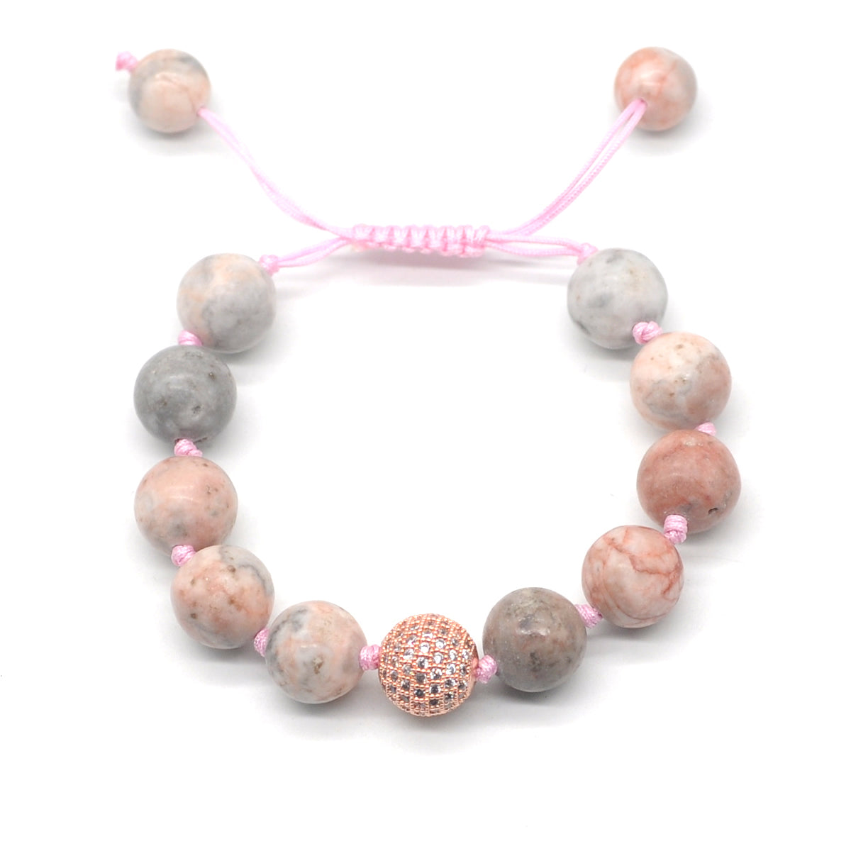 CGB626 Pink Zebra Jasper Adjustable Macrame Bracelet Round 12mm