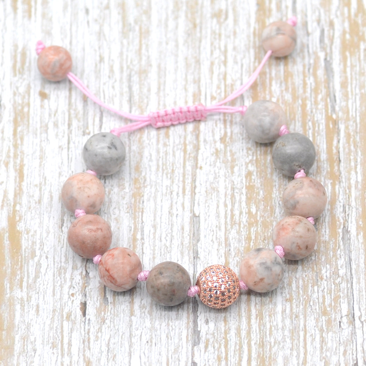 CGB626 Pink Zebra Jasper Adjustable Macrame Bracelet Round 12mm