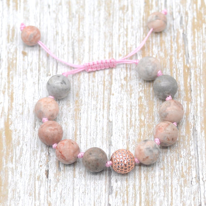 CGB626 Pink Zebra Jasper Adjustable Macrame Bracelet Round 12mm