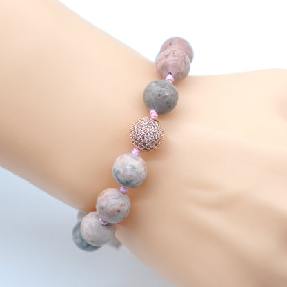 CGB626 Pink Zebra Jasper Adjustable Macrame Bracelet Round 12mm