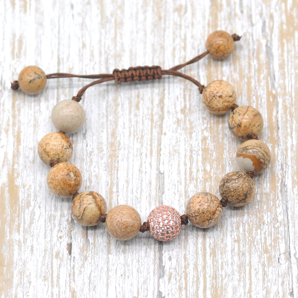 CGB627 Picture Jasper Adjustable Macrame Bracelet Round 12mm