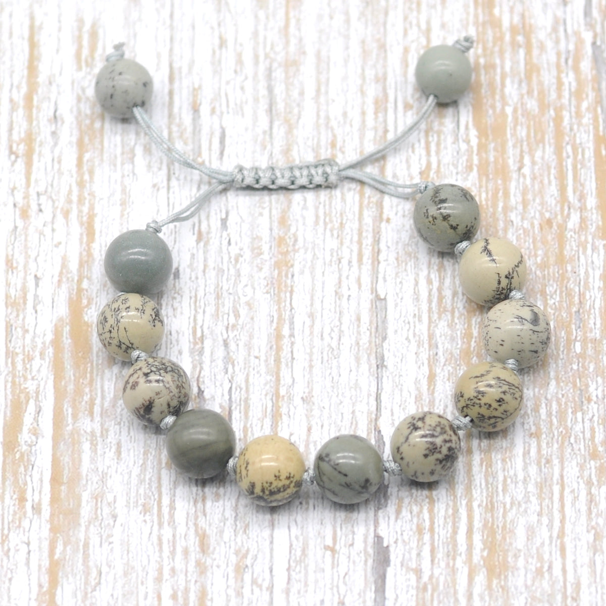 CGB629 Greeting Pine Jasper Adjustable Macrame Bracelet Round 12mm