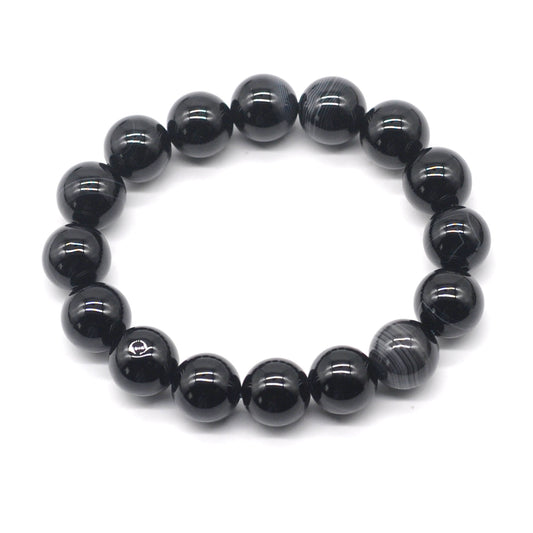 CGB63 Black Banded Agate Beads Stretch Bracelet Smooth Round 10mm 12mm