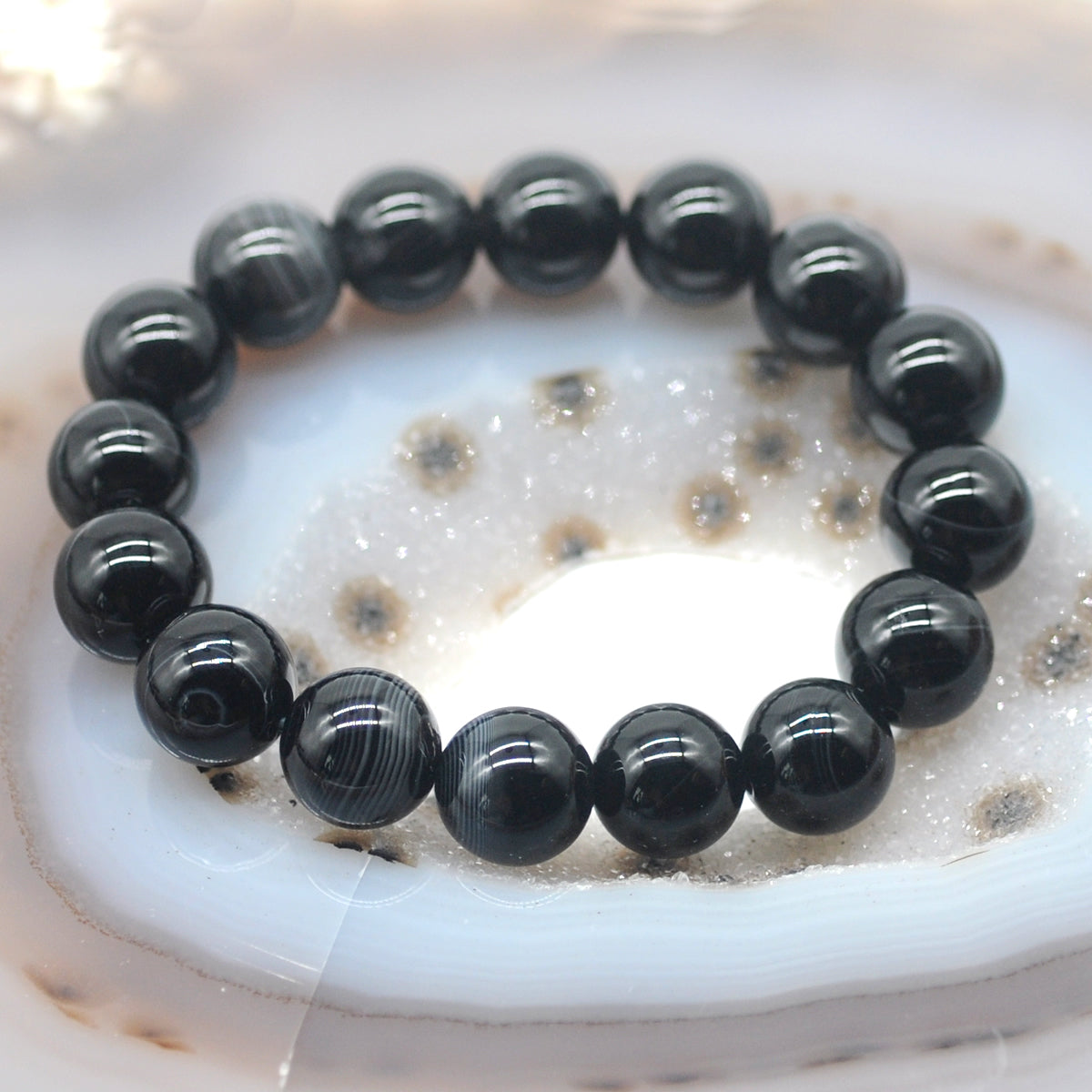 CGB63 Black Banded Agate Beads Stretch Bracelet Smooth Round 10mm 12mm