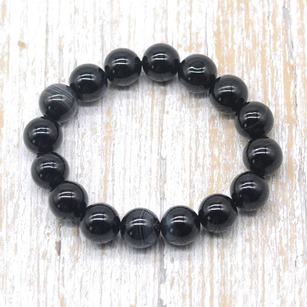 CGB63 Black Banded Agate Beads Stretch Bracelet Smooth Round 10mm 12mm