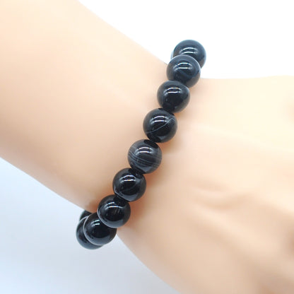 CGB63 Black Banded Agate Beads Stretch Bracelet Smooth Round 10mm 12mm