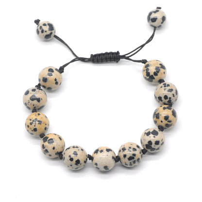 CGB634 Dalmatian Jasper Adjustable Macrame Bracelet Round 12mm