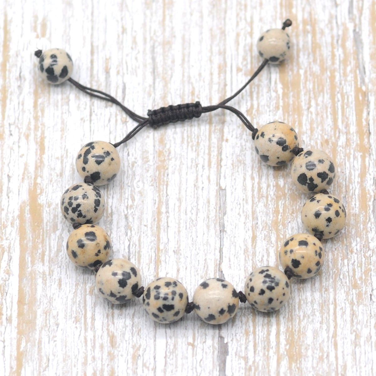 CGB634 Dalmatian Jasper Adjustable Macrame Bracelet Round 12mm