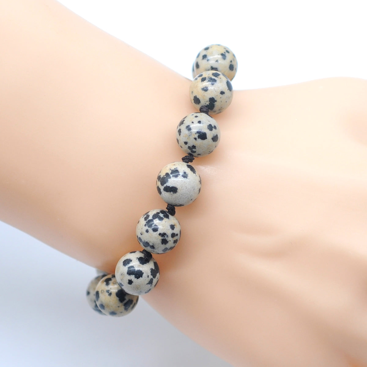 CGB634 Dalmatian Jasper Adjustable Macrame Bracelet Round 12mm