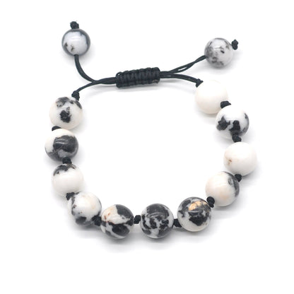 CGB635 Black & White Jasper Adjustable Macrame Bracelet Round 12mm