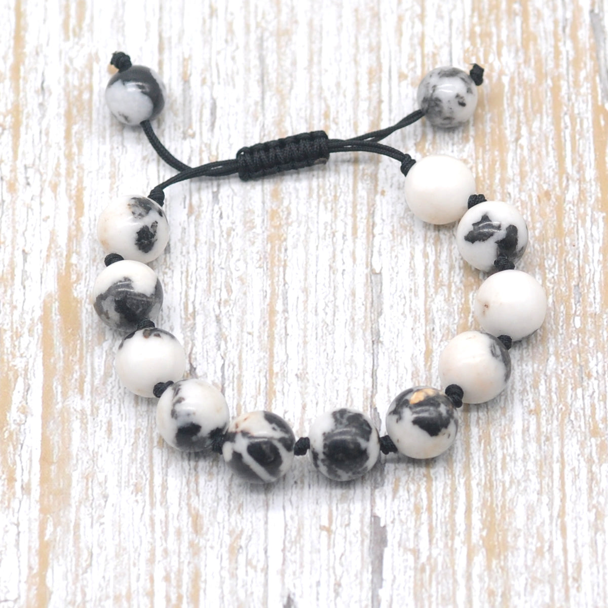 CGB635 Black & White Jasper Adjustable Macrame Bracelet Round 12mm