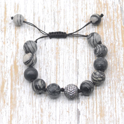 CGB636 Black Net Jasper Adjustable Macrame Bracelet Round 12mm