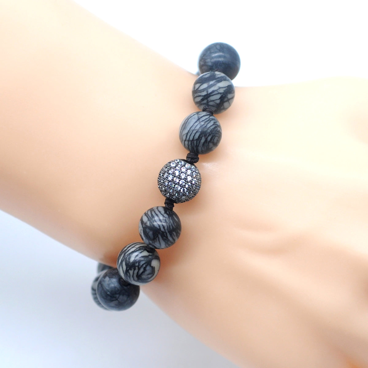 CGB636 Black Net Jasper Adjustable Macrame Bracelet Round 12mm