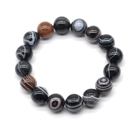 CGB64 Black Banded Agate Beads Stretch Bracelet Smooth Round 10mm 12mm