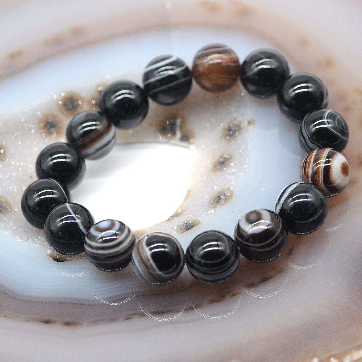 CGB64 Black Banded Agate Beads Stretch Bracelet Smooth Round 10mm 12mm