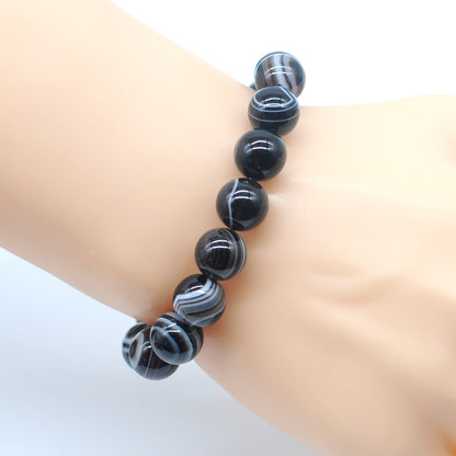 CGB64 Black Banded Agate Beads Stretch Bracelet Smooth Round 10mm 12mm