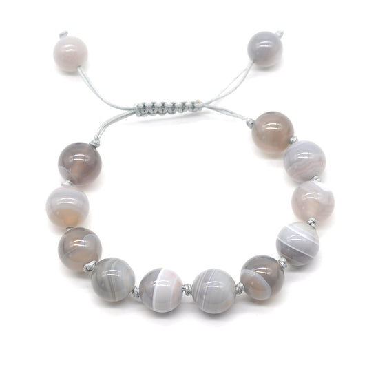 CGB640 Grey Banded Agate Adjustable Macrame Bracelet Round 12mm