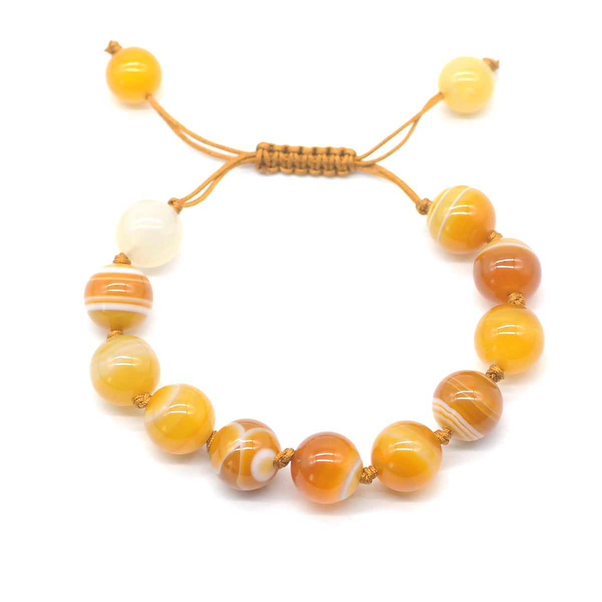 CGB642 Yellow Banded Agate Adjustable Macrame Bracelet Round 12mm