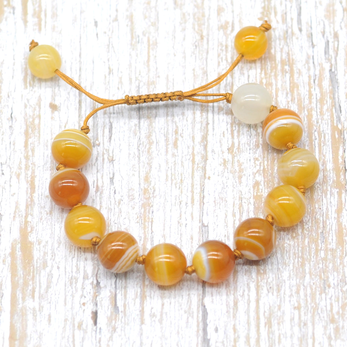 CGB642 Yellow Banded Agate Adjustable Macrame Bracelet Round 12mm