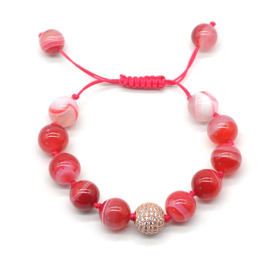 CGB643 Red Banded Agate Adjustable Macrame Bracelet Round 12mm