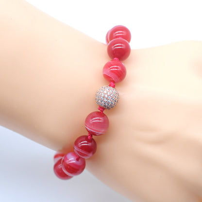 CGB643 Red Banded Agate Adjustable Macrame Bracelet Round 12mm